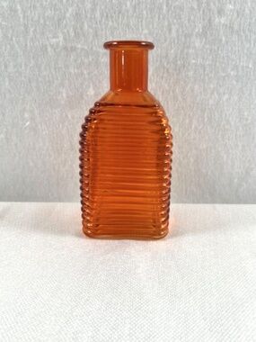 Vintage Deep Amber Ribbed Bottle Square Beehive Mid Century Decanter Bud Vase 5"